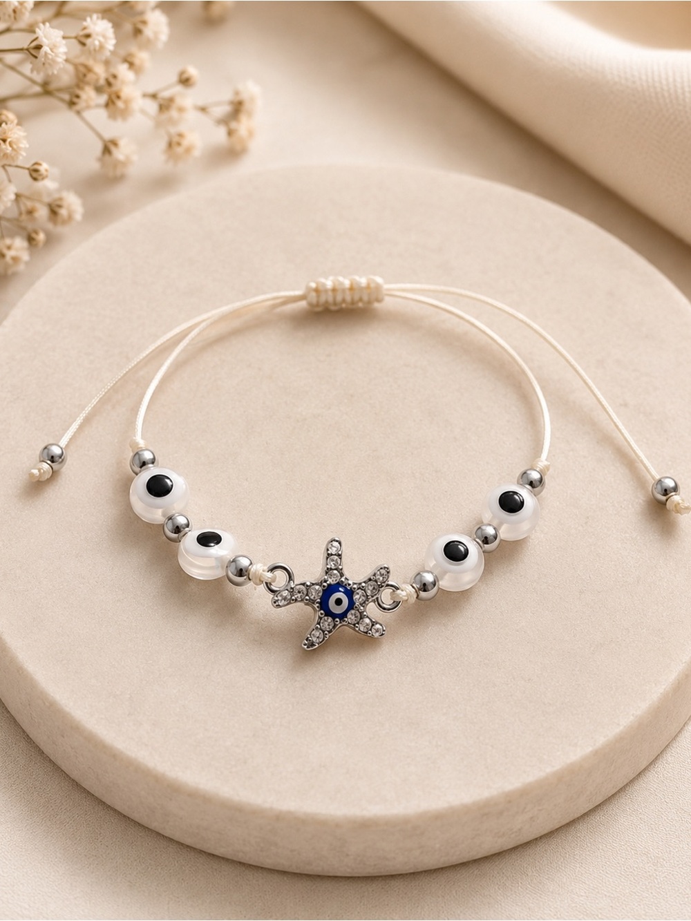 Starfish Evil Eye Beaded Bracelet - White & Silver